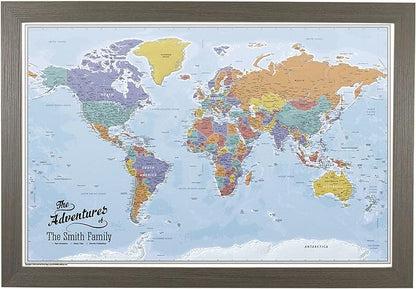 Push Pin Travel Maps Canvas - Personalized Blue Oceans World with Barnwood Gray Frame