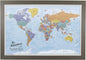 Push Pin Travel Maps Canvas - Personalized Blue Oceans World with Barnwood Gray Frame