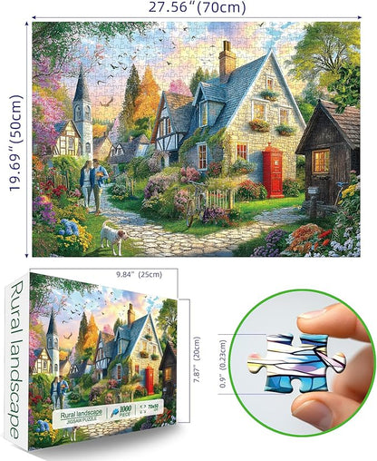 Cottage Village Church 1000 Piece Jigsaw Puzzle for Adults Countryside Scene Puzzle Challenging Beautiful Country Garden Landscape Family Puzzle Perfect for Game Nights (27.55 x 19.68)
