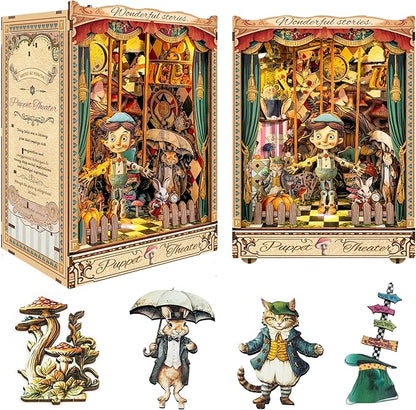 [2025 New] Puppet Theater Book Nook Kit with Dust Cover & LED Light, DIY Miniature House Kit Toy, 3D Wooden Puzzle Bookshelf Decor Building Kit, Birthday Gifts for Family & Friends