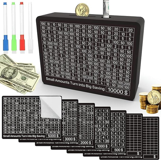 Piggy Bank for Adults Kids, Wooden Coin Bank for Boys and Girls, Cash Vault Money Saving Box with Counter $10000 $5000 Savings Challenge Money Box with Money Target and Numbers (Black Box+ 8 Sheets)