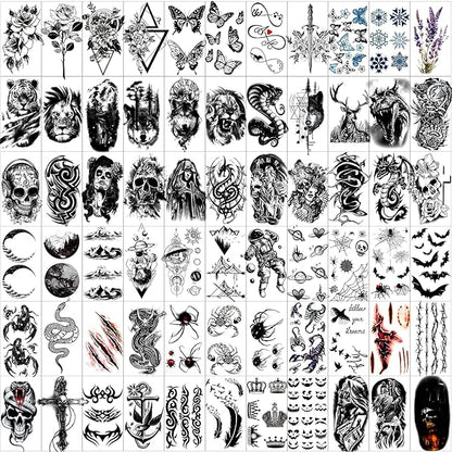 82 Sheets Temporary Tattoo for Men Women Adults, Include 12 Sheets Black 3D Half Sleeve Temporary Tattoos, Halloween Tattoos Scary Lion Wolf Tiger Skull Skeleton Tattoos Stickers