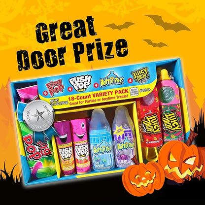 Halloween Candy Variety Pack, 18Ct Assorted Lollipops, Bulk Individually Wrapped Ring Pop, Push Pop, Baby Bottle Pop & Juicy Drop, Birthday Party Favors, Trick or Treat, Halloween Bowls, Kids Gifts