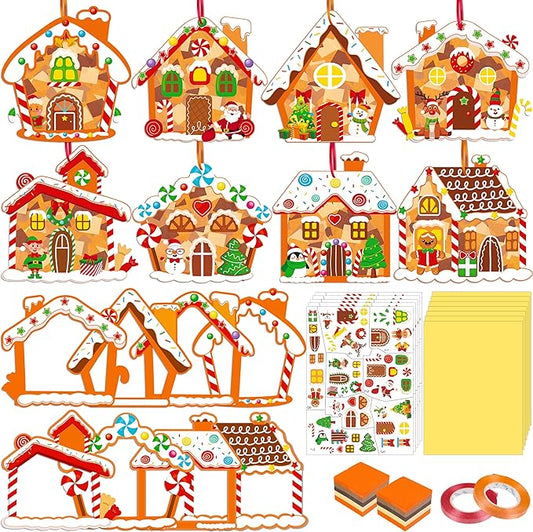 40PCS Christmas Crafts Bulk: Gingerbread House Paper Suncatchers DIY Kit for Winter Xmas Holiday Activities Decorations, Window Stained Glass Effect Art Ornaments