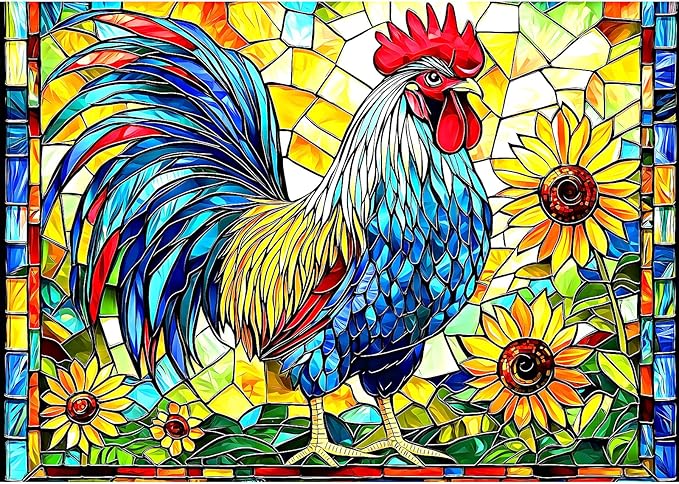 Stained Glass Rooster Puzzles for Adults 1000 Pieces Colorful Rooster Puzzle for Adults Mosaic Jigsaw Puzzles1000 Pieces with Letters on Back Hard Impossible Difficult Challenging Family Puzzle