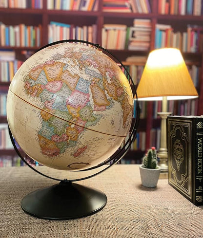 Replogle Eureka 16 inch desktop globe with up to date antique raised relief map and full swing gyromatic assembly. The beautiful antique color globe ball and vast amount of up-to-date information will peak the interest of any geographical connoisseur o...