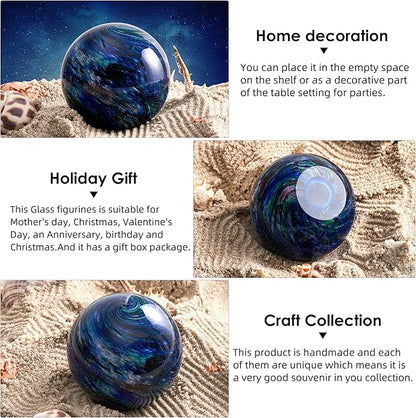 Hand Blown Glass Figurines Ball Ocean Waves,Office Paperweight Glass for Desk,Home Decor Collectible,Aquarium Decor,Office Decor Ocean Lovers (Planet)