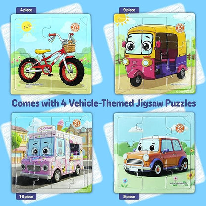 Butterfly EduFields 4-in-1 Vehicles Jigsaw Puzzle Set for Kids Age 3-7 | 38 Pcs Brain-Boosting Puzzle Toy with Coloring Worksheets for Boys & Girls | Preschool Learning