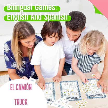 Spanish Bingo Game, 25 Boards for Spanish Vocabulary Bilingual Word Bingo Game Educational Toys for Language Learning - Ages 5 and up (Up to 25 Players)