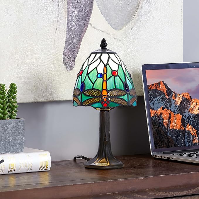 Stained Glass Dragonfly Design Table or Desk Light, Tiffany Style mini Table Lamp-, LED Bulb Included-Vintage Look Colorful Accent Decor