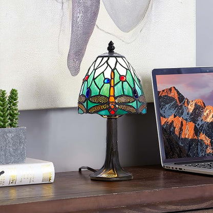 Stained Glass Dragonfly Design Table or Desk Light, Tiffany Style mini Table Lamp-, LED Bulb Included-Vintage Look Colorful Accent Decor