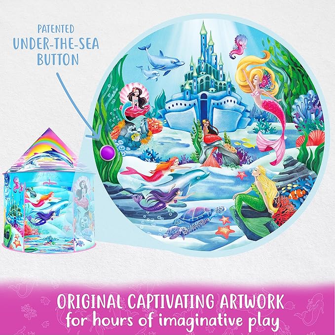W&O Musical Mermaid Tent with Under-The-Sea Button - Captivating Pop Up Tent for Girls - Perfect for Indoor & Outdoor Play