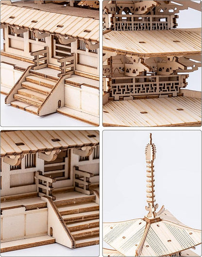 ROBOTIME 3D Puzzle Wooden Craft Kits for Adults DIY Model Building Kit Best Gift for Kids (Five-Storied Pagoda)