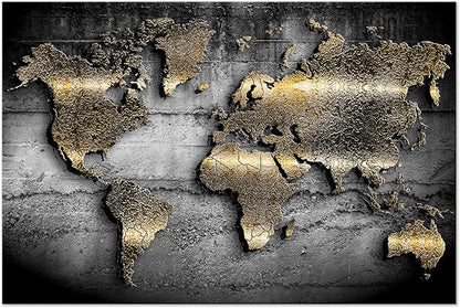 artgeist Textured Canvas Wall Art World map 24x16 in - 1pcs Painting Canvas Prints Picture Artwork Image Framed Contemporary Modern Photo Wall Home map Continents Black k-A-0498-b-a
