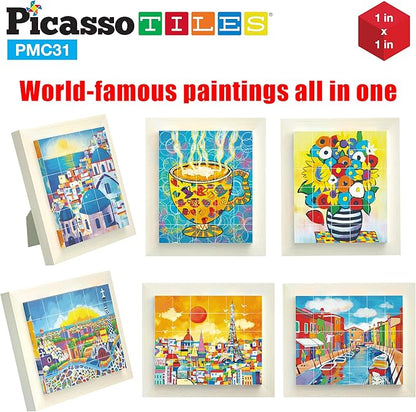PicassoTiles 6-in-1 World Famous Painting Puzzles Magnetic Cubes Toy_Building_Block, Spain Park Guell, Paris Eiffel Tower, Greece Santorini & More for Kid, Educational Art for Boys and Girls
