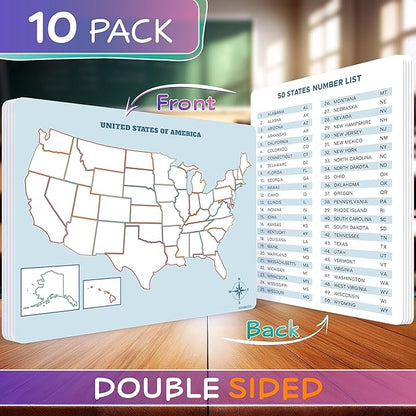 SCRIBBLEDO US Map Practice Sheets 11'x14' Dry Erase Sheets for Homeschool, Classroom Pack of 10