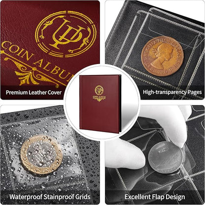 160 Pockets Coin Album - 10 Sheets Mixed Sizes Coin Holder 45x43/33x33 mm Collecting Grid for Pounds Pence Cents (Red) CS48160RE
