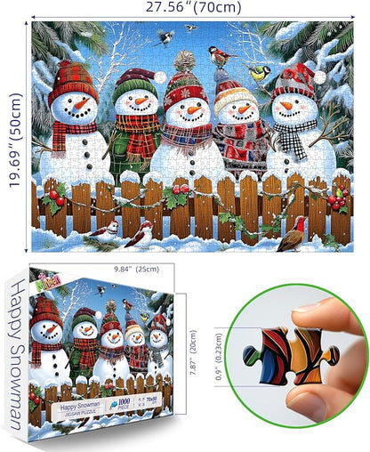 Winter Snowmen Christmas Jigsaw Puzzle 1000 Pieces for Adults Festive Holiday Scene with Birds & Snowy Fence Puzzle with Letters on Back Family Challenge Perfect for Game Night (27.6x19.7 Inch