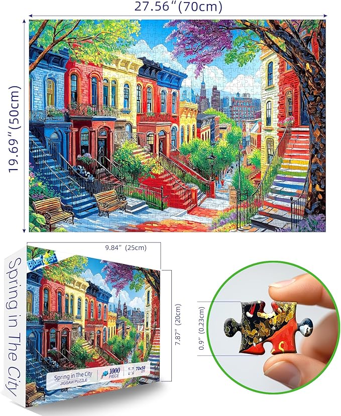 Colorful City Street 1000-Piece Jigsaw Puzzle for Adults - Vibrant Urban Brownstone Scene with Blooming Trees - Challenging Puzzle Games for Adults & Family Game Night (27.6" x 19.7")