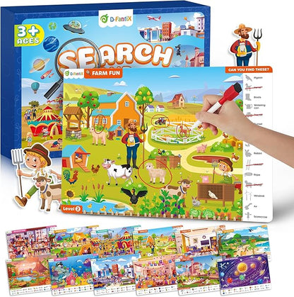 Preschool Learning Activity - Search and Find Book, Reusable Learning & Education Toys, Travel Game for Road Trip Car Airplane, 24 Activity with 4 Dry Erase Markers, Birthday Gifts for Kid Ages 3-6