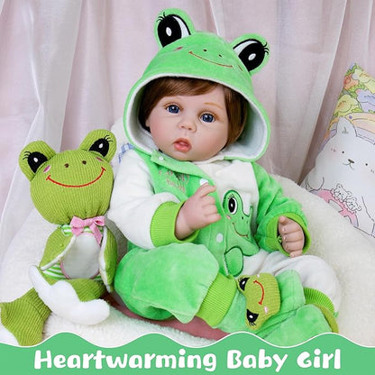 Reborn Baby Dolls 22-Inch Realistic Baby Doll Soft Cloth Body Real Life Baby Dolls with Green Frog Clothes Toys Accessories Birthday Gift Set for Kids 3+