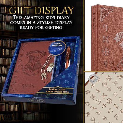 Harry Potter Lockable Diary with UV Invisible Ink Pen for Kids, Teens, Secret Journal with Key, Lined Pages, Stationery Supplies, Gifts for Kids (Brown UV Pen)