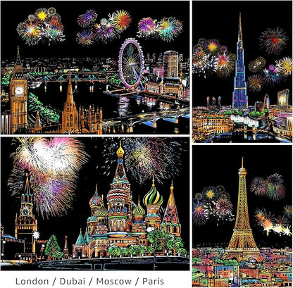 Rainbow Scratch Art Painting Paper (A4) for Adult & Kids, Night View Scratchboard, Engraving Art Set: 4 Sheets Scratch Cards & Clean Brush, Drawing Pen (Eiffel Tower/Big Ben/Moscow/Burj Khalifa)