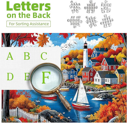 Puzzles for Adults 500 Pieces Autumn Town Jigsaw Puzzles for Adults Beautiful Fall Seaside Landscape Puzzles 500 Pieces Challenging Family Puzzle for Women Men Seniors Size is (21"x15")