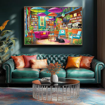 1000 Piece Jigsaw Puzzle for Adults Colorful Cozy Book Cafe Library Scene with Black Cat Puzzles with Letters on Back Fun for Seniors & Game Night Adult Games (27.5" x 19.7")