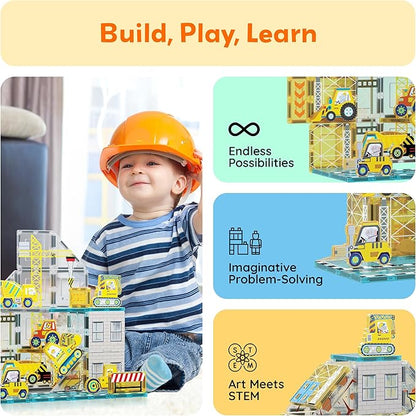 PicassoTiles Magnet Tiles Magnetic Building Blocks with 8 Construction Vehicles Crank Truck Excavator Bulldozer Road Roller Concrete Mixer Tractor Dump Truck Forklift Toys Learning Kids Ages 3+ PTQ11