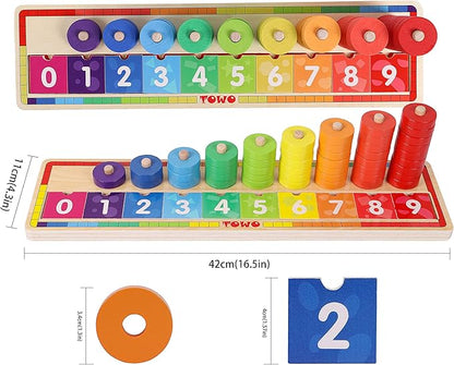 TOWO Wooden Stacking Rings and Counting Games with 45 Rings Number Blocks- Counting Ring Stacker-Wooden Sorting Counting Toy for 3 Years Old Kids Maths Learning Montessori Materials
