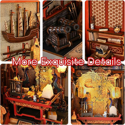 DIY Book Nook Kit for Adults, 3D Wooden Puzzle Bookend Bookshelf Insert Decor with LED Light and Dust Cover (The Emperor's Study)