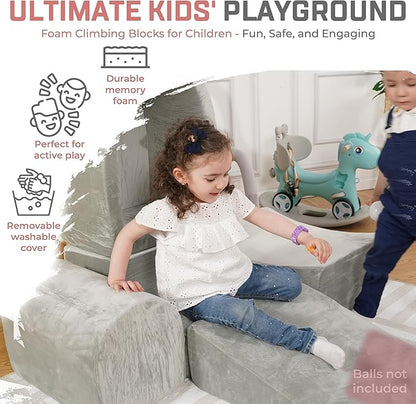 Foam Climbing Blocks for Toddlers – Indoor Soft Play Set for Babies - Velvet Cover & High-Density Memory Foam – Baby Climbing Blocks for Motor Skills - Climb and Crawl Activity Play Set for Kids -Gray