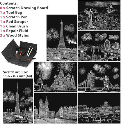 Scratch Art for Adults Kids, Rainbow Painting Night View Scratchboard(A4), Crafts Set: 8 Sheets Scratch Cards with 6 tools in Bag - Fireworks, Big Ben, Cristo Redentor, Ferris Wheel(Landmark Building)