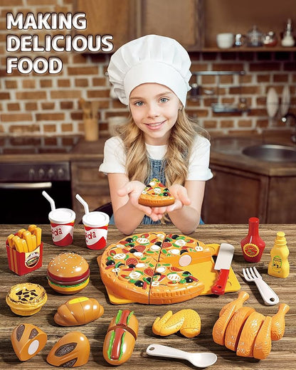 Pretend Play Food for Kids, Cutting Toy Food Set with Picnic Basket, Play Kitchen Accessories, Food Toys with Veggies, Fruits, Pizza Toy for Boys Girls Gift