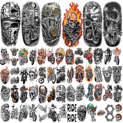 77 Sheets Temporary Tattoos, 17 Sheets Half Arm Motorcycle Skull Flame Flower Mechanical Fake Tattoos for Adults Shoulder Neck, 60 Sheets Tiny Temporary Tattoos Realistic for Men Women Boy Girl