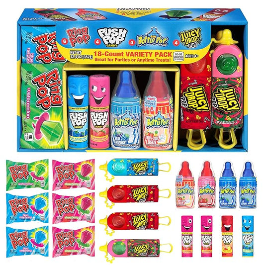 Halloween Candy Variety Pack, 18Ct Assorted Lollipops, Bulk Individually Wrapped Ring Pop, Push Pop, Baby Bottle Pop & Juicy Drop, Birthday Party Favors, Trick or Treat, Halloween Bowls, Kids Gifts