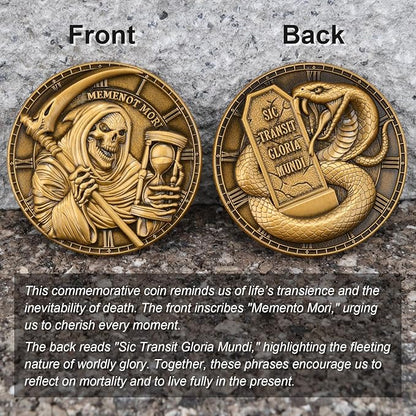 Memento Mori Challenge Coin - Hourglass & Scythe Design with Latin Inscriptions, Embrace Life’s Transience with Inspirational Design (Single Coin)