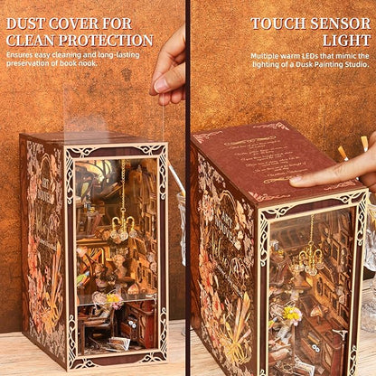 Book Nook Kit, DIY Miniature Dollhouse Booknook Kit, 3D Wooden Puzzle Bookend Bookshelf Insert Decor with LED Light for Teens and Adults, Painter's Day at Dusk