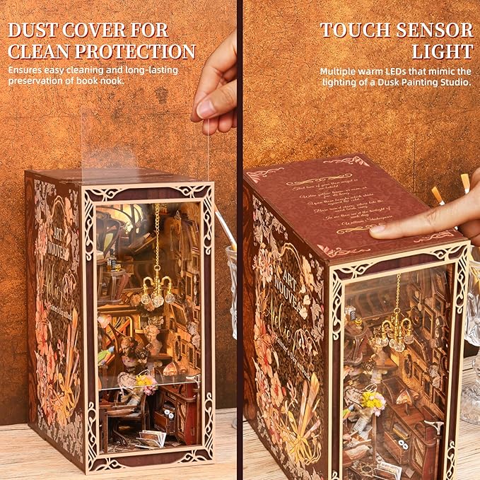 DIY Book Nook Kit, Miniature Dollhouse Booknook Kit, 3D Wooden Puzzle Bookend Bookshelf Insert with LED Light for Teens and Adults, Painter's Day at Dusk