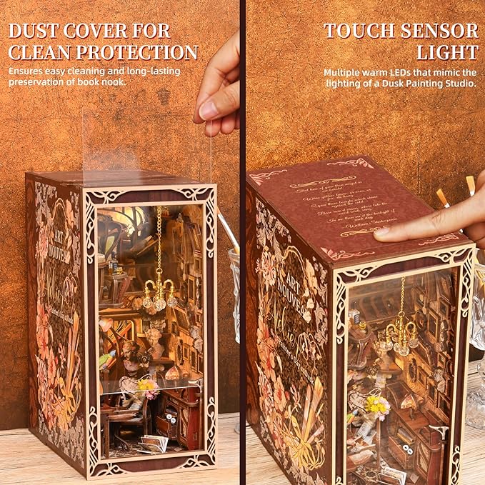 DIY Book Nook Kit for Adults, 3D Wooden Puzzle Bookend Bookshelf Insert Decor with LED Light and Dust Cover (Painter's Day at Dusk)