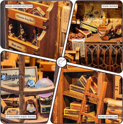DIY Book Nook Kit,DIY Miniature Dollhouse kit,3D Wooden Puzzle Magic Bookend Bookshelf Insert Decor with Led Light,Gifts for Adults Teens and Beginners -Magic Wand Shop(SQ-51)