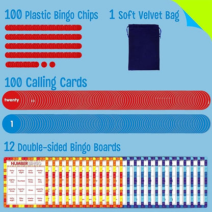 SpriteGru Number Bingo Game, 1-100 Board Game Learn & Count to Read 2 Versions Recognition Game for Kids 5-12, Perfect for Classroom & at Home