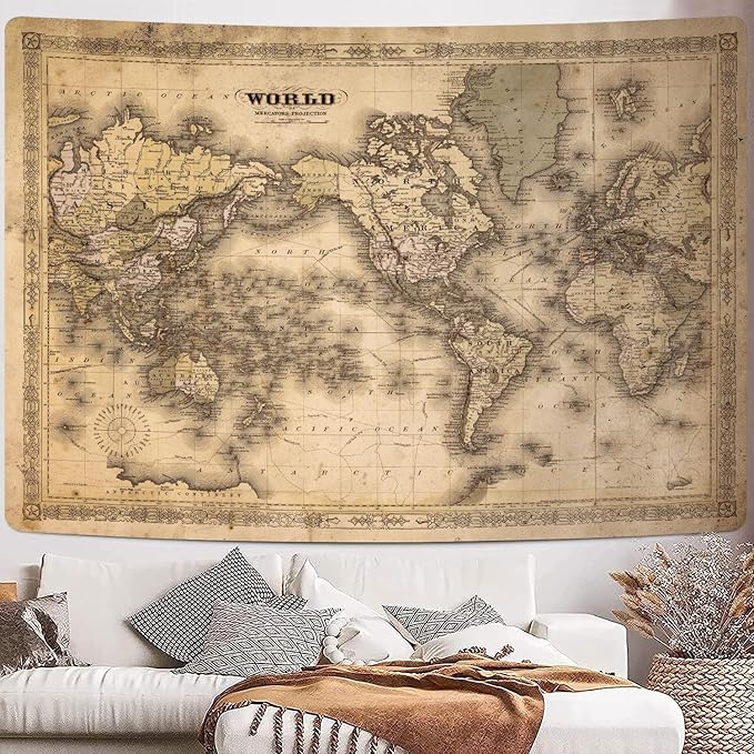 GOAOK Retro Old World Map, Vintage Map Asian Northern European Topography Earth Educational Tapestry for Classroom, Brown Adventure Travel World Map Office Wall Art 40"X30