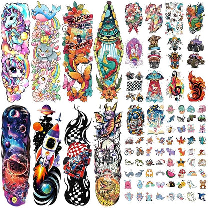 52 Pcs Temporary Tattoo for Kids Full Arm Castle Butterfly Cat Truck Dinosaur Rocket Planet Cute Animal Body Face Fake Arm Tattoos for Girls Boys Tiny Tattoo Stickers Birthday Gifts Party Supplies