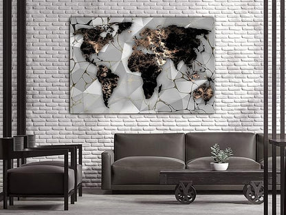 artgeist Textured Canvas Wall Art World Map 24x16 in - 1pcs Painting Canvas Prints Picture Artwork Image Framed Modern Photo Wall Home Marable Black k-C-10012-b-a