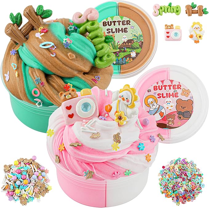 LAWOHO 2X120ml Butter Slime Kit Includes Two-Toned Butter Slime with 6 Packs Add-Ins, Slime for Kids Party Favors, Butter Slime for Kids Birthday Halloween Christmas, Slime Kit for Girls & Boys(Yard)