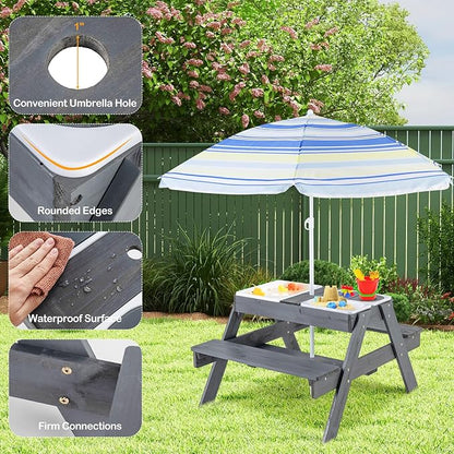 Costzon Kids Picnic Table with Sensory Bins, 4 in 1 Sand and Water Table with Height Adjustable Umbrella, Removable Tabletop, Wooden Kids Outdoor Table for Backyard Patio Play