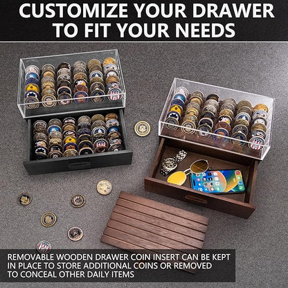 Large Black Wooden Challenge Coin Display Case with Clear Cover - Military Coin Display Case Holds 36 Coins on Top & 36 in The Storage Drawer - Versatile Coin Stand Holder & Poker Chip Display Case
