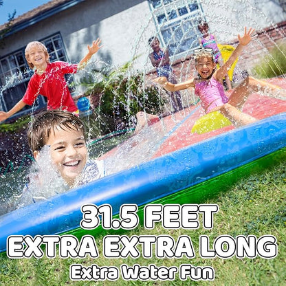 JAMBO 31.5Ft Extra Long Water Slide and 2 Bodyboards, Heavy Duty Slip Splash and Slide with Inflatable Crash Pad, Summer Water Toy Sprinkler, Backyard Outdoor Water Fun n Toys for Kids, Splash Mat